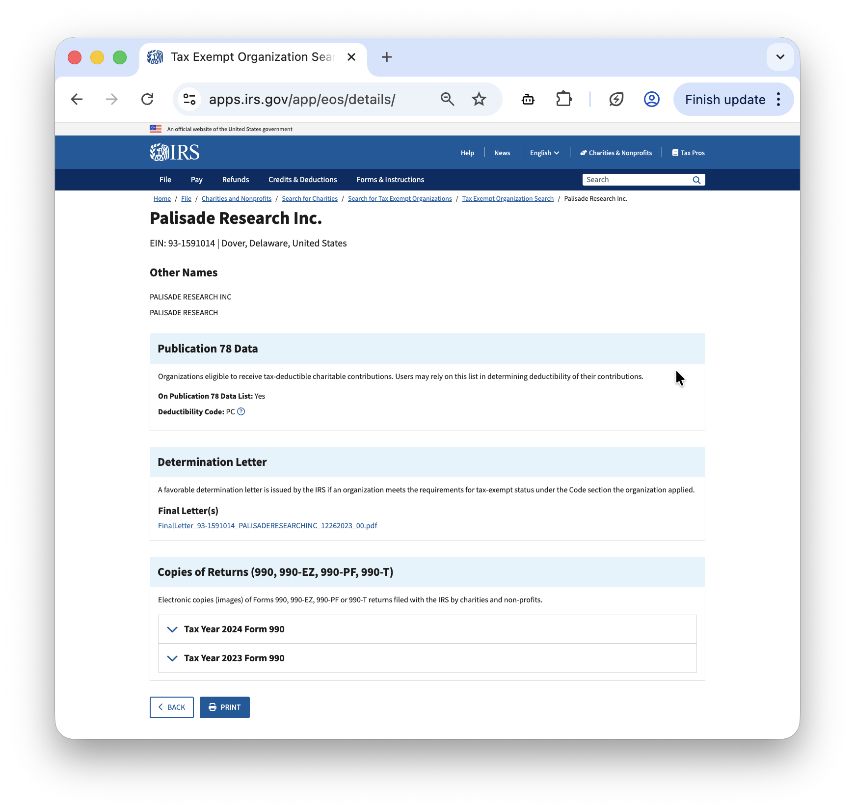 IRS Tax Exempt Organization Search — Palisade Research Inc., EIN 93-1591014